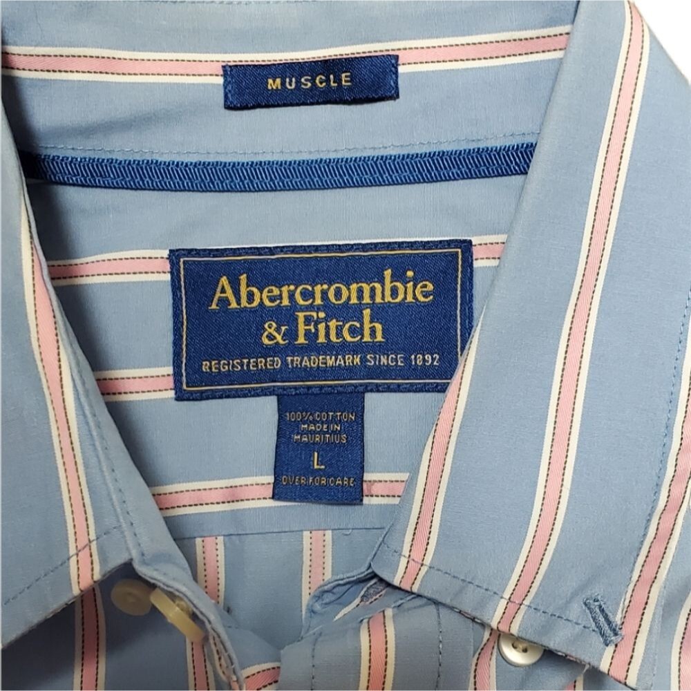Mens Abercrombie & Finch Blue Pink Vertical Striped Muscle Fit Dressy Buttondown - Picture 6 of 8